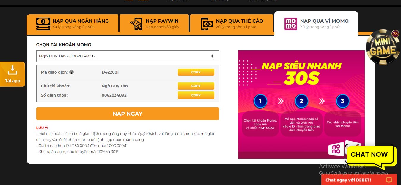 Cách nạp tiền DEBET thông qua ví điện tử Momo