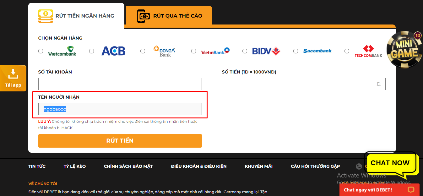 Các bước rút tiền DeBet thông qua ngân hàng